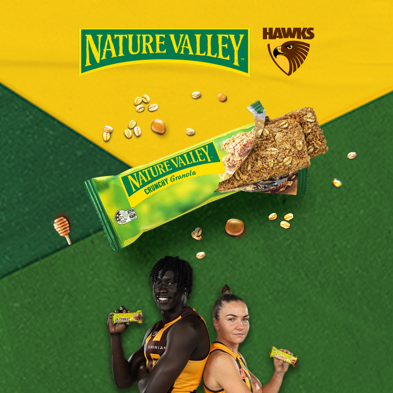 Nature Valley logo and Hawks logo with two athletes holding Nature Valley granola bars