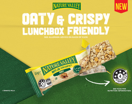 banner titled Oaty & Crispy Lunchbox Friendly with opened package of Nature Valley Oaty & Crispy bars